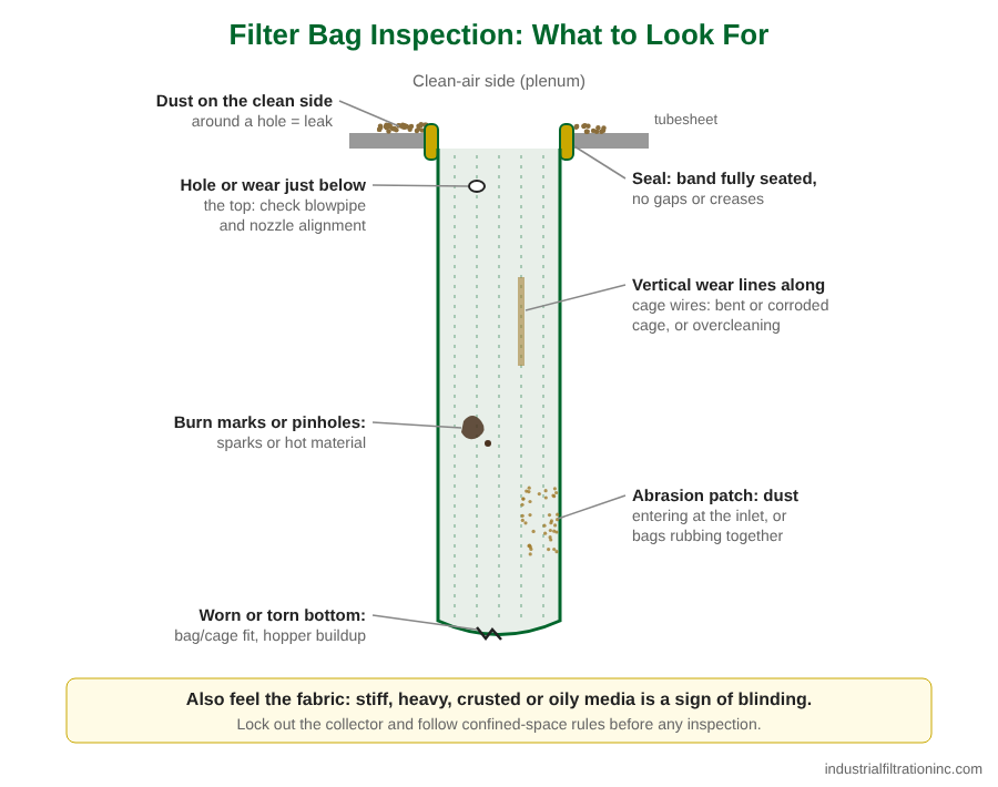 Diagram of a filter bag hanging from a tubesheet with callouts for clean-side dust, top seal, holes near the top, wear lines along cage wires, burn marks, abrasion and a worn bottom