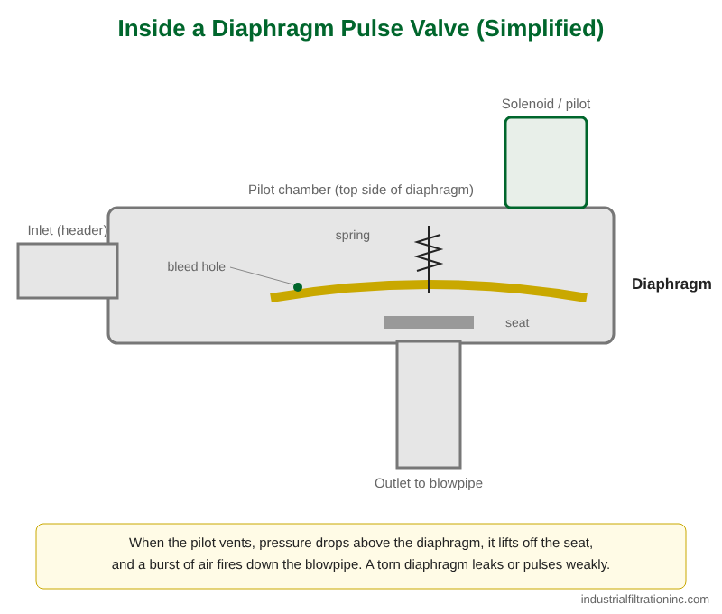 Simplified cutaway of a diaphragm pulse valve showing inlet, outlet to blowpipe, diaphragm, spring, bleed hole, seat and solenoid pilot